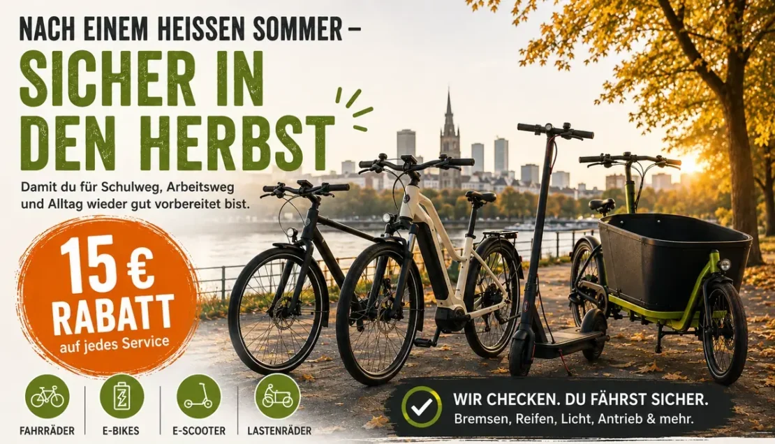 Fahrrad, E-Bike, E-Scooter und Lastenrad zur Service-Aktion von RADService.wien – 15 € Rabatt auf jedes Service bis 30. September 2026.