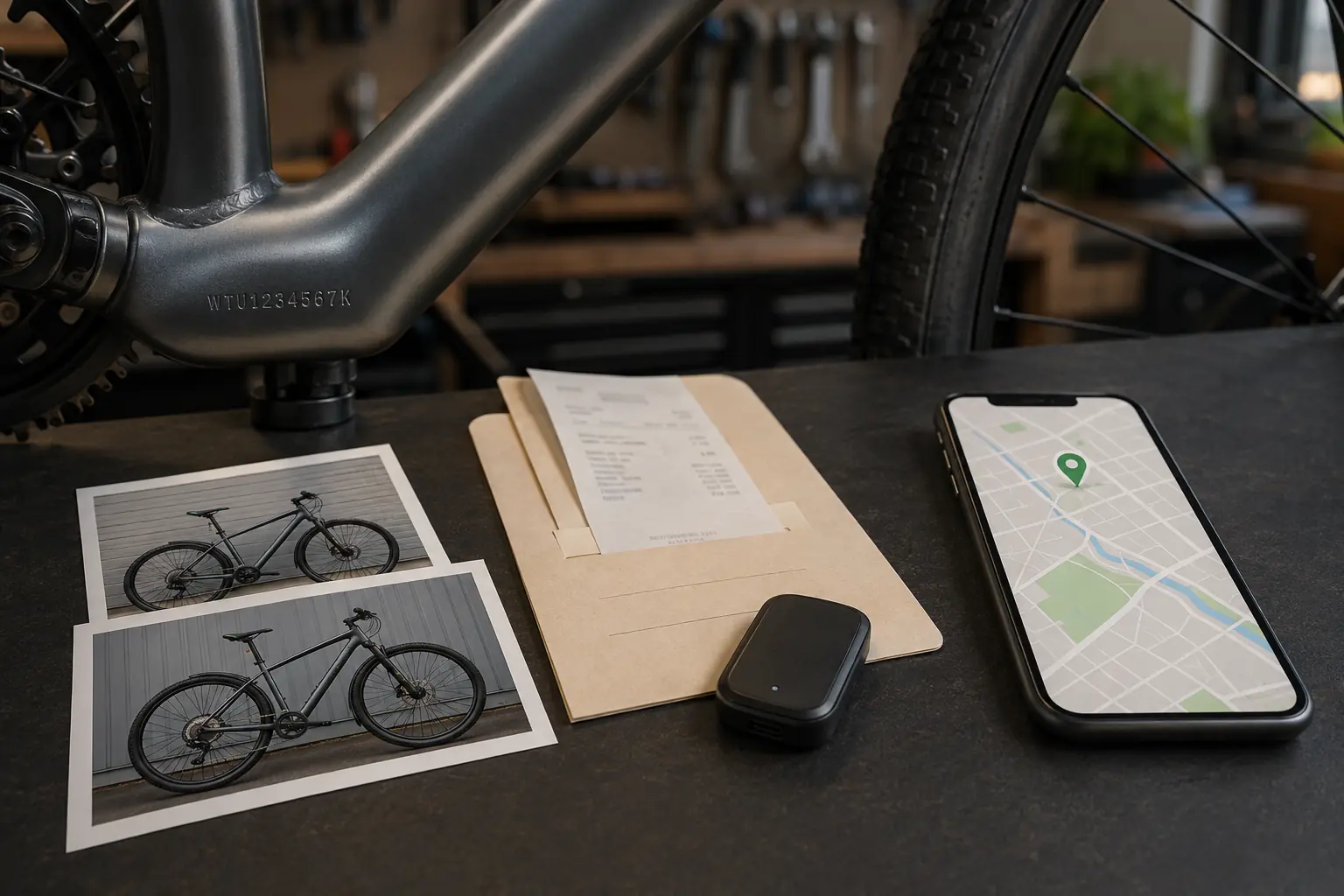 Fahrradrahmen mit Rahmennummer, Kaufbeleg, Fahrzeugfotos, GPS-Tracker und Smartphone